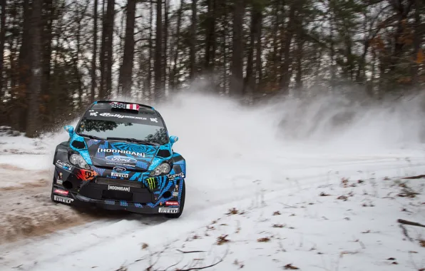 Картинка Ford, Зима, Деревья, Снег, Поворот, Форд, Занос, WRC