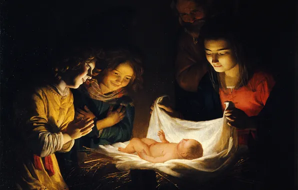 Картина, мифология, Геррит ван Хонтхорст, Gerard van Honthorst, Поклонение Младенцу