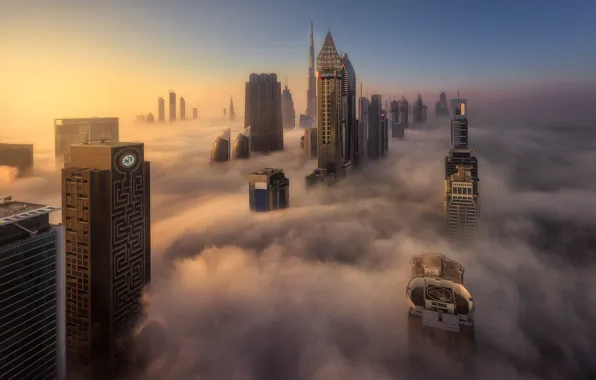 Свет, город, туман, Дубай, ОАЭ