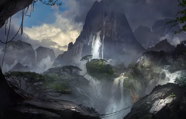 Деревья, горы, водопад, виадук, Waterfall