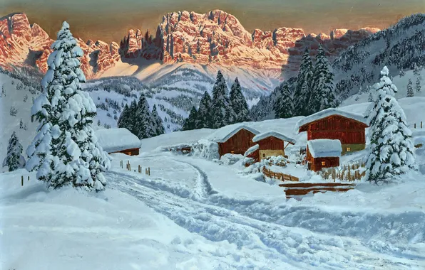 Дома, Зима, Горы, Деревья, Снег, Картина, Alois Arnegger, Алоис Арнеггер