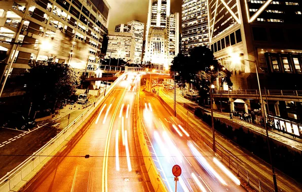 Картинка дорога, огни, движение, здания, вечер, шоссе, фонари, мегаполис