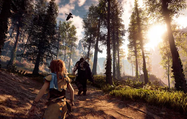 Лес, девушка, природа, мужчина, охотники, гусь, Horizon Zero Dawn