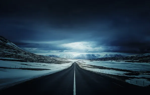 Дорога, снег, горы, природа, Iceland's Ring Road