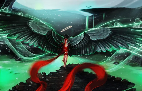 Картинка девушка, горы, крылья, лента