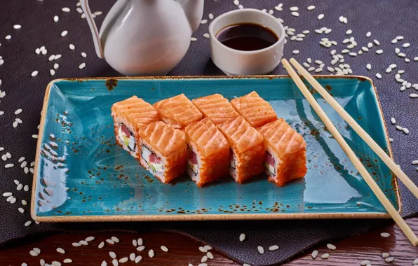 Соус, кунжут, роллы, лосось