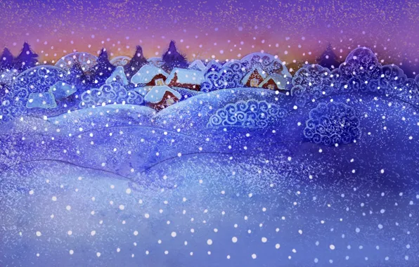 Картинка небо, снег, Зима, сугробы, домики