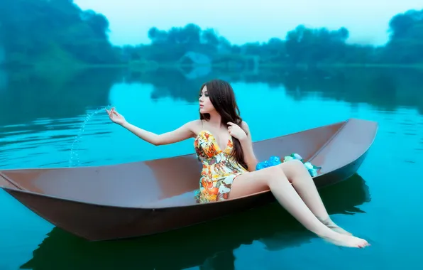 Картинка девушка, озеро, лодка, азиатка