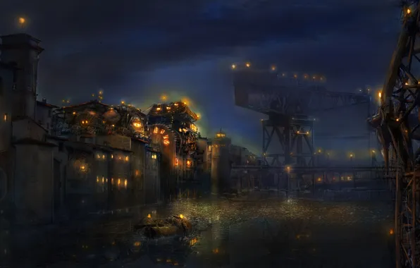 Картинка ночь, огни, стена, мир, лодка, водный, краны