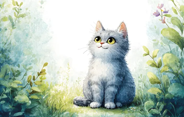 Кошка, кот, взгляд, листья, цветы, природа, поза, серый
