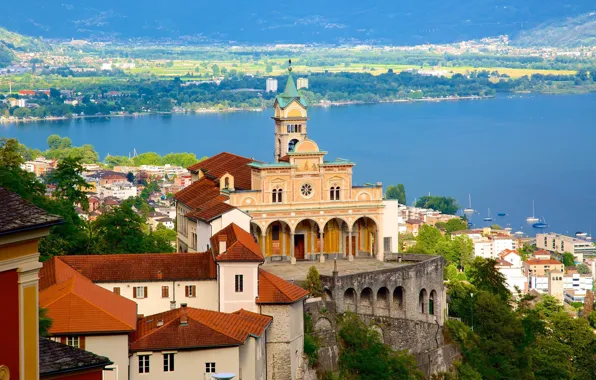 Город, озеро, Швейцария, храм, монастырь, Switzerland, Ticino, Locarno