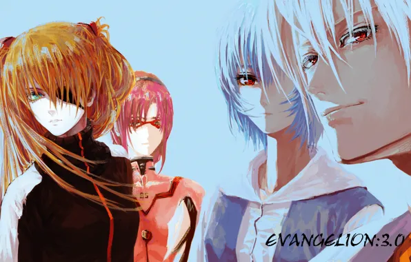 Очки, рыжая, парень, красные глаза, Neon Genesis Evangelion, Евангелион, голубые волосы, Asuka Langley Soryu