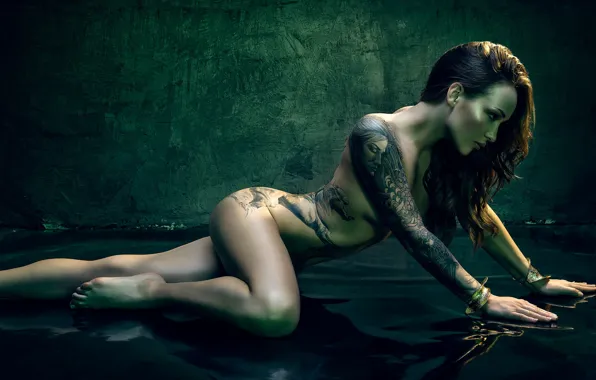 Brunette, Water, Background, Nude, Tattoos, Bracelets, Long Curly Hair, Erotic Model