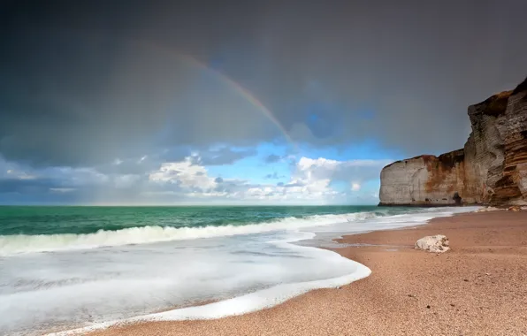 Картинка море, волны, природа, скала, радуга, rainbow, rock, wave