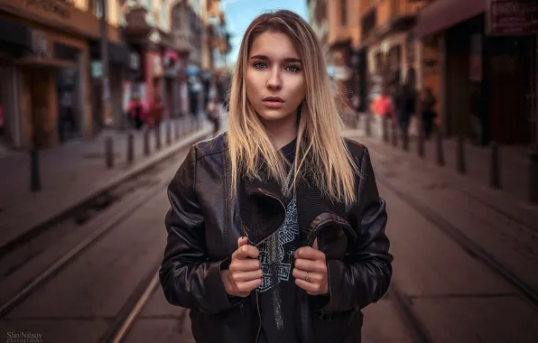 Картинка куртка, в черном, город, прическа, на дороге, Ina K., Slav Nitsov, модель