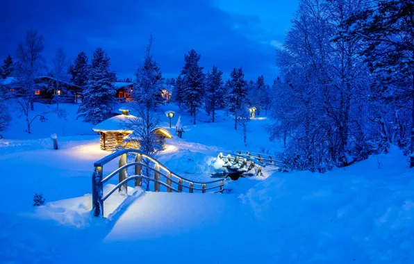 Зима, снег, деревья, мост, деревня, сугробы, Финляндия, Finland