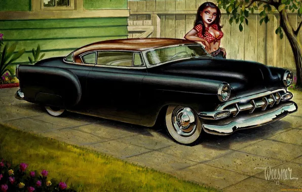Девушка, цветы, рисунок, Chevrolet, Шевроле, Classic, Street Rod