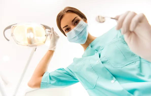 Woman, instruments, chinstrap, dentist, hygiene
