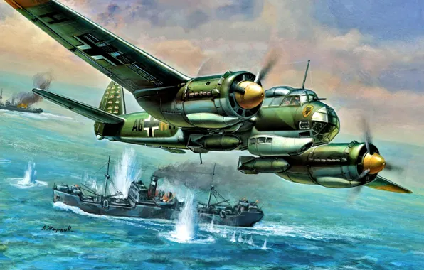 Картинка море, взрывы, судно, Junkers, Ju-88, скоростной бомбардировщик, Ju.88A-4, Werner Baumbach