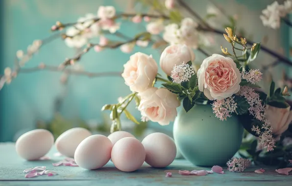 Цветы, праздник, яйца, букет, весна, Пасха, тюльпаны, ИИ-арт