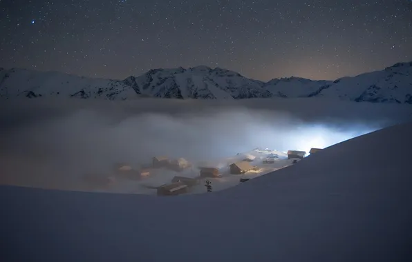 Снег, Snow, Арктика, Arctic, Starry Sky, Звездное Небо, Полярная Ночь, Winter Mountains