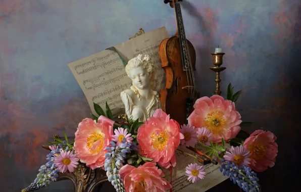Девушка, цветы, стиль, ноты, фон, скрипка, статуэтка, натюрморт