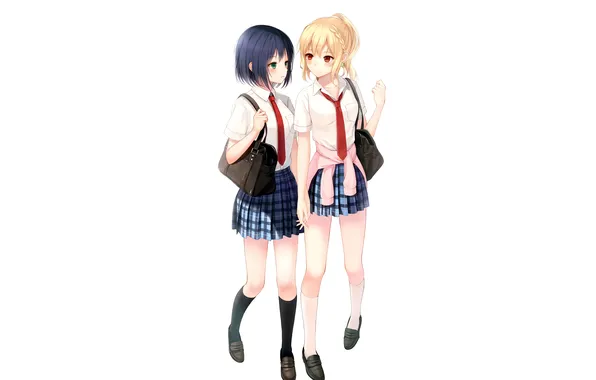School uniform, green eyes, legs, girls, anime, beautiful, red eyes, short hair