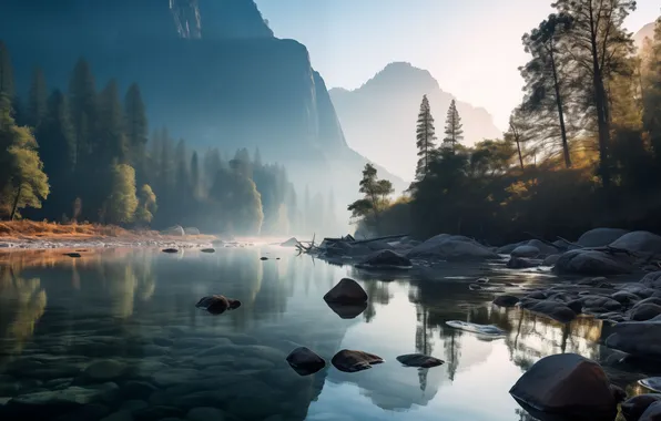 Картинка forest, river, trees, water, art, mountains, rocks, reflection