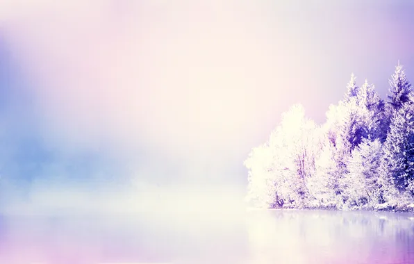 Картинка холод, зима, снег, деревья, озеро