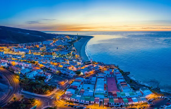 Море, небо, огни, побережье, дома, горизонт, Spain, Canary Islands