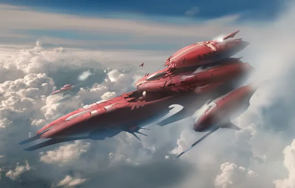 Небо, Облака, Space, Art, Космический Корабль, Фантастика, Concept Art, Spaceship