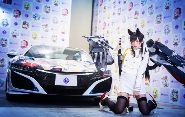 Картинка Asian, weapon, katana, women, cosplay, high heels, looking at viewer, women with cars