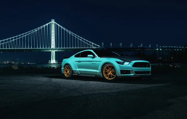 Mustang, Ford, Blue, Bridge, Night, Wheels, Rohana