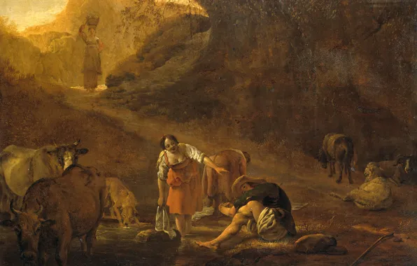 Масло, картина, Питер ван Лар, 1642, Пастух и Прачка у Источника, Pieter van Laer