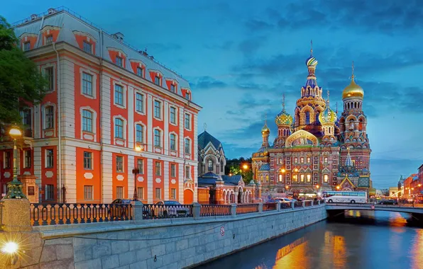 Картинка город, здания, вечер, Питер, освещение, фонари, Санкт-Петербург, собор