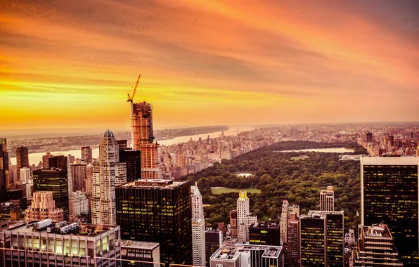 Картинка небо, деревья, закат, Нью-Йорк, США, небоскрёбы, Центральный парк, Central Park