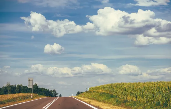 Картинка дорога, небо, трава, облака, трасса