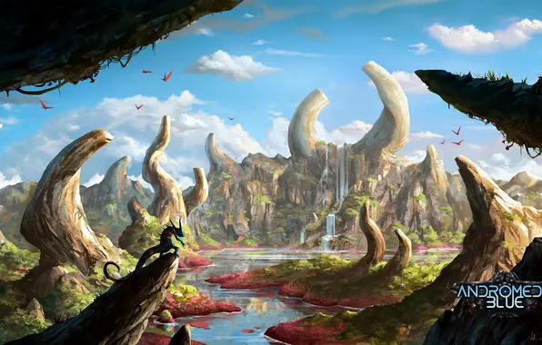 Картинка облака, река, скалы, водопад, драконы