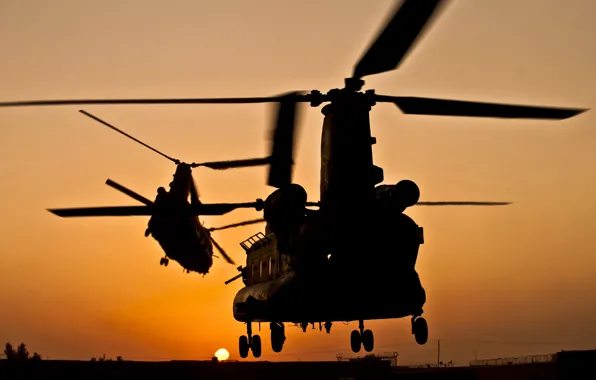 Картинка закат, пара, вертолет, Boeing, транспортный, Chinook, CH-47