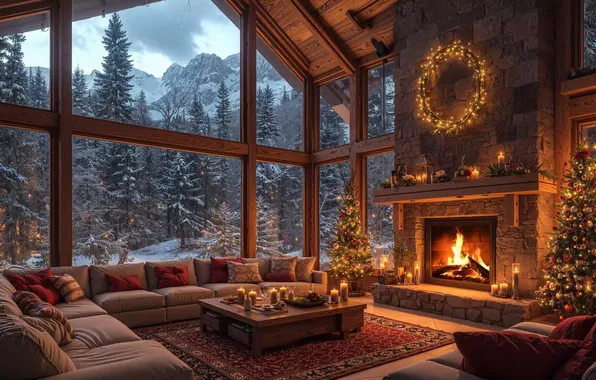 Mountain, snow, Christmas tree, fireplace, decorations, chalet, lights Christmas
