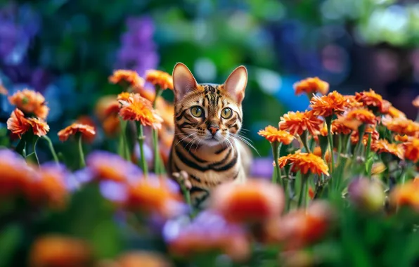 Кот, цветы, cat, домашнее животное