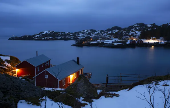 Огни, вечер, Норвегия, Norway, Lofoten