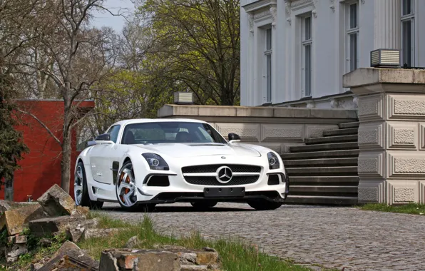Картинка белый, красный, купе, Mercedes, салон, AMG, SLS, усадьба