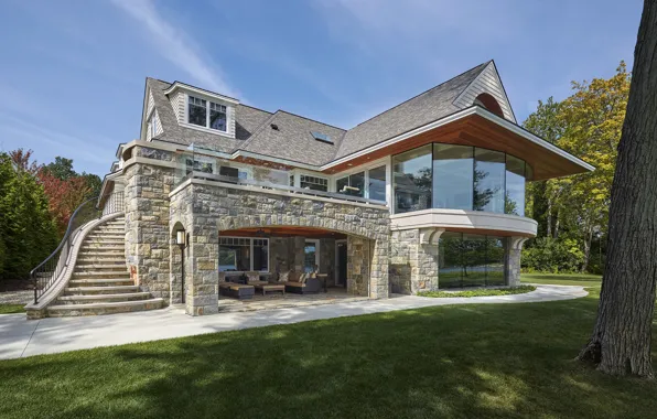 Вилла, Мичиган, лестница, архитектура, фасад, терраса, Michigan, Lake House