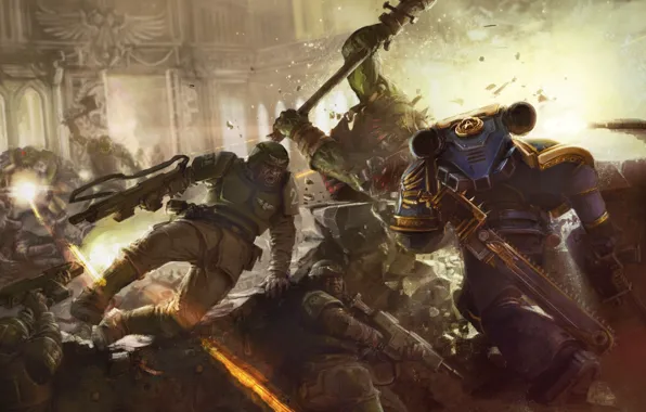 Картинка схватка, орки, космодесант, Warhammer 40k, имперская гвардия, ультрамарины