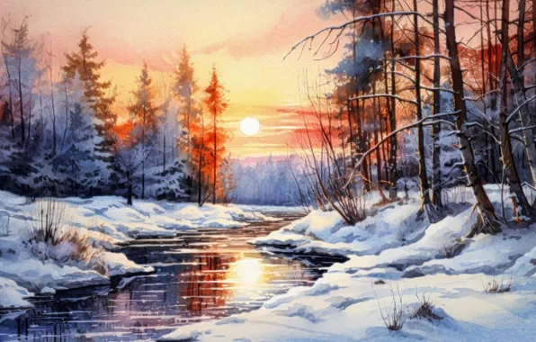 Зима, лес, снег, деревья, пейзаж, природа, берег, картина