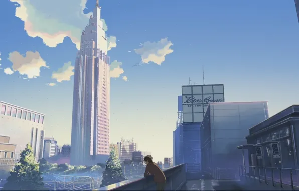 Картинка небо, город, дома, небоскребы, Аниме, парень, стоит, makoto sinkaj
