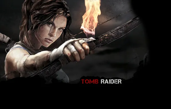 Картинка взгляд, девушка, огонь, лук, Tomb Raider, lara croft, 2013