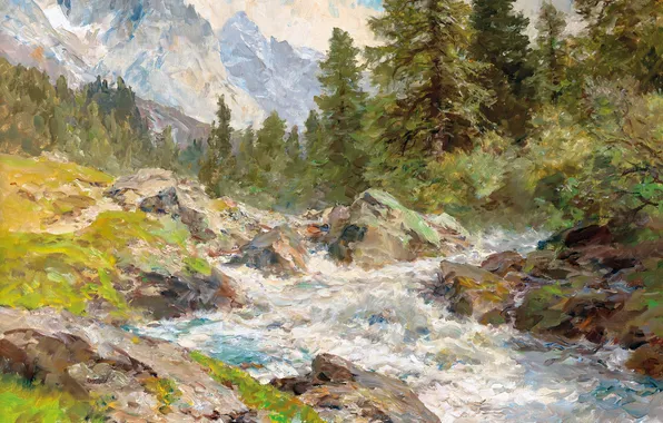 Горы, Деревья, Ручей, Картина, Горный ручей, Немецкий художник-пейзажист, Эдвард Харрисон Комптон, Edward Harrison Compton