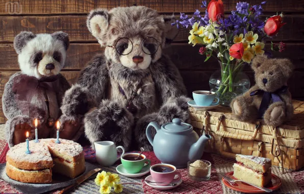 Цветы, чай, игрушки, ситуация, букет, семья, медведи, чаепитие